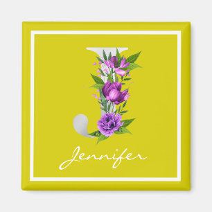 Modern Yellow White Metallic Floral J Monogram  Magnet