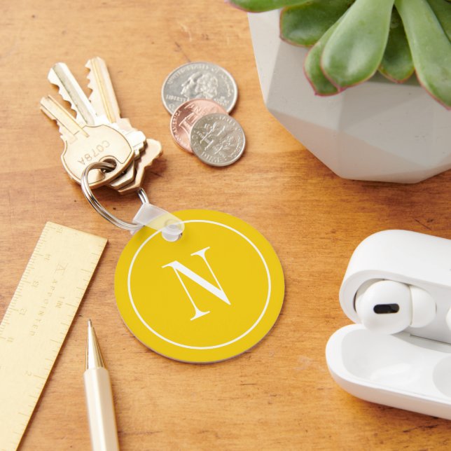 Modern yellow &white monogram initial key ring (Desk)