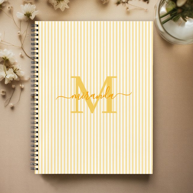 Modern Yellow & White Stripes Monogram Name Notebook (Creator Uploaded)