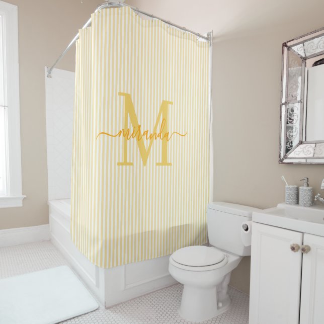 Modern Yellow & White Stripes Monogram Name Shower Curtain (In Situ)
