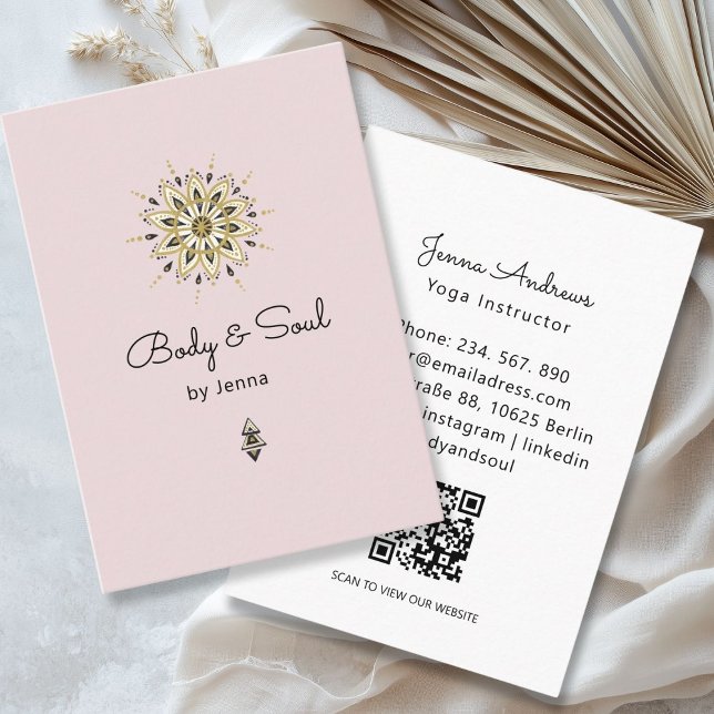Modern Yoga Massage Wellness QR Code Business Card (Modern Yoga Massage Wellness QR Code Pink Business Card)