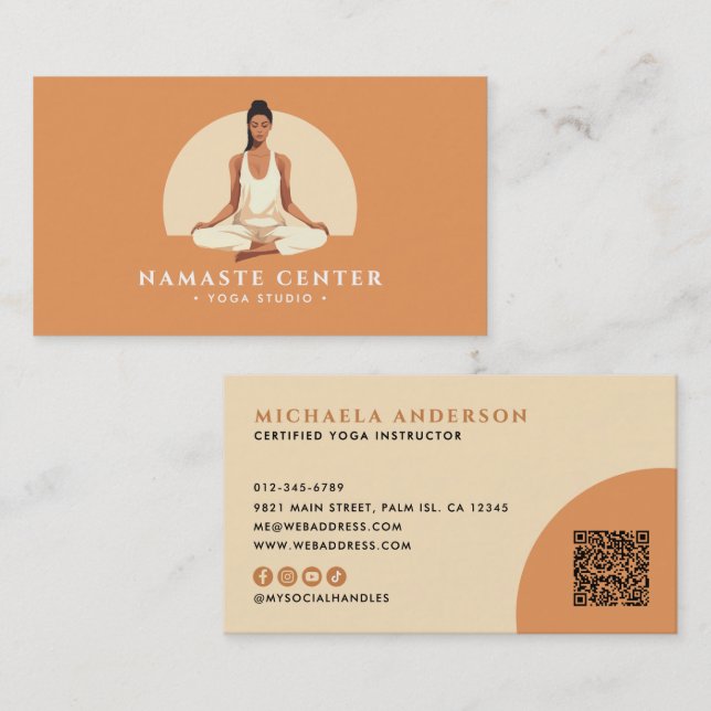 Modern Yoga/Mindfulness Lotus Pose Socials QR Code Business Card (Front/Back)