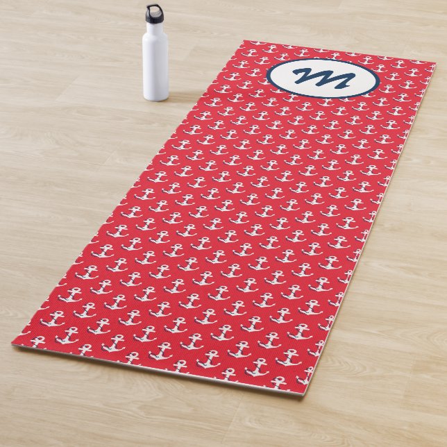 Modern Yoga Nautical Anchors Monogram Red Blue Mat (In Situ)