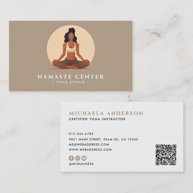Modern Yoga/Wellness Lotus Pose Socials QR Code Business Card (Front/Back)