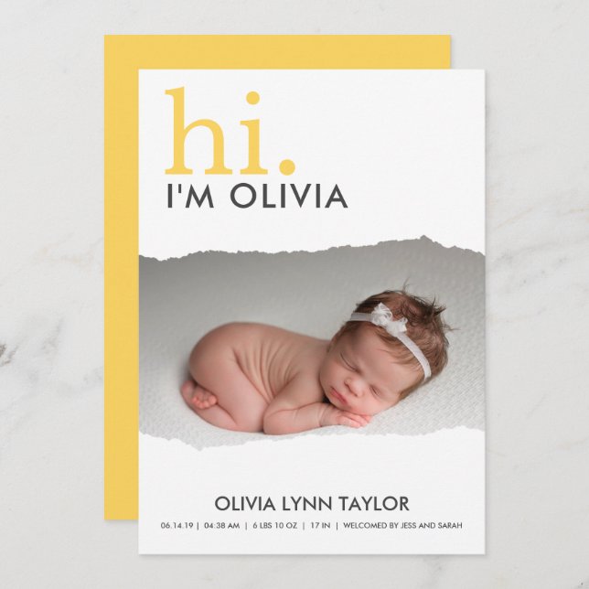 Modern Your Photo Torn Paper Birth Announcement (Front/Back)