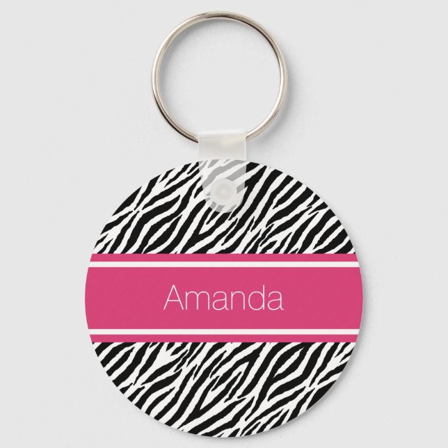 Modern Zebra Print With Pink Stripe and Name Key Ring (Front)