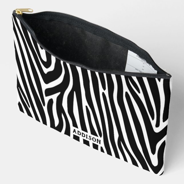 Modern Zebra Striped Personalised Accessory Pouch (Open)
