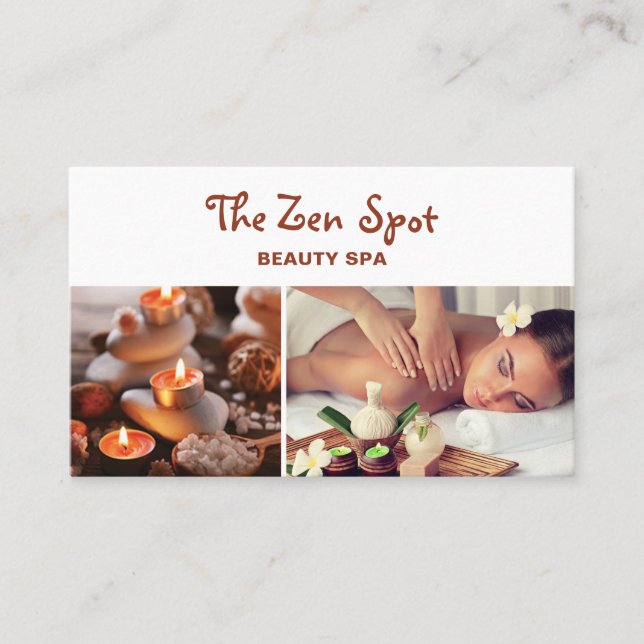 Modern Zen Stones & Candles Beige White Beauty Spa Business Card (Front)