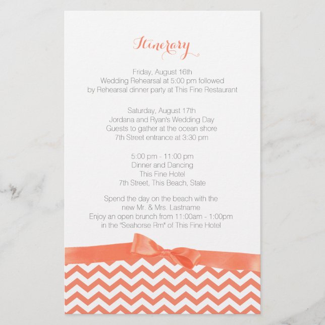 Modern Zig Zag Coral and Grey Itinerary (Front)