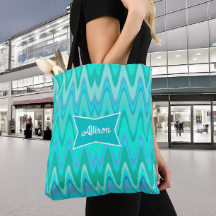 Modern zigzag pattern - waves in turquoise tote bag