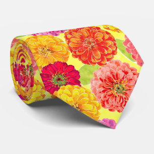 Modern Zinnia Yellow, Pink, Orange Floral Pattern Tie
