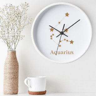 Modern Zodiac Sign Gold Aquarius   Element Air Round Clock