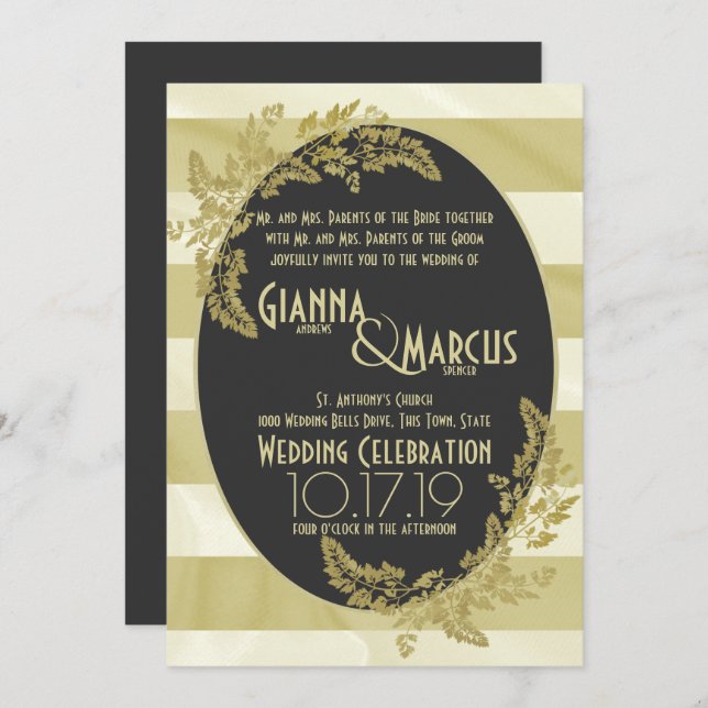 Moderne Stripe and Golden Leaf Wedding Invitation (Front/Back)