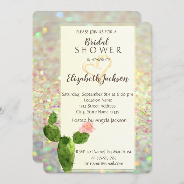 ModernGlitter Bokeh Cactus  Bridal Shower Invitation (Front/Back)