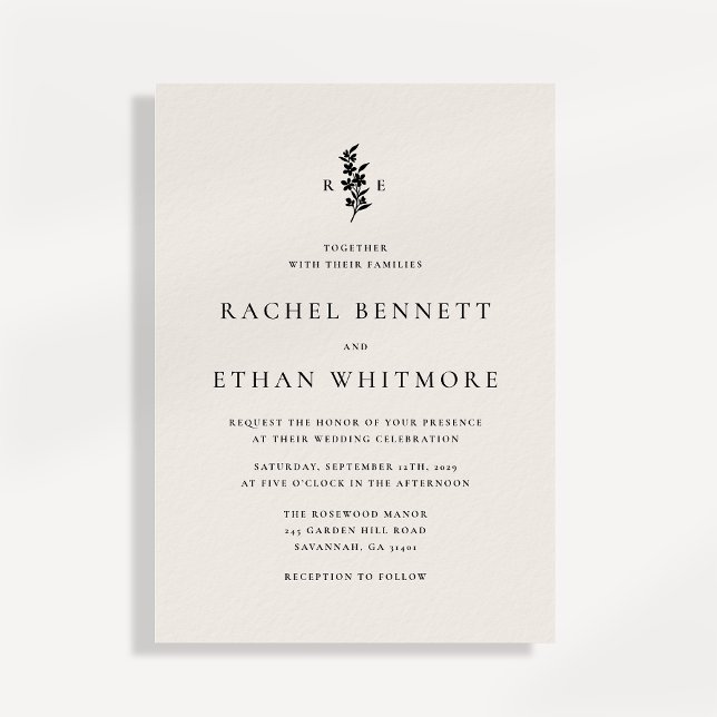 modernI vory Botanical Monogram Wedding Invitation (Creator Uploaded)