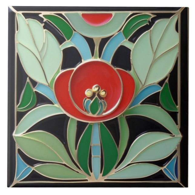 Modernist Art Nouveau Faux Relief Green Red Flower Tile (Front)