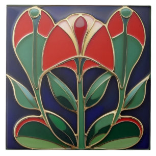 Modernist Art Nouveau Green & Red Flower Curves Tile
