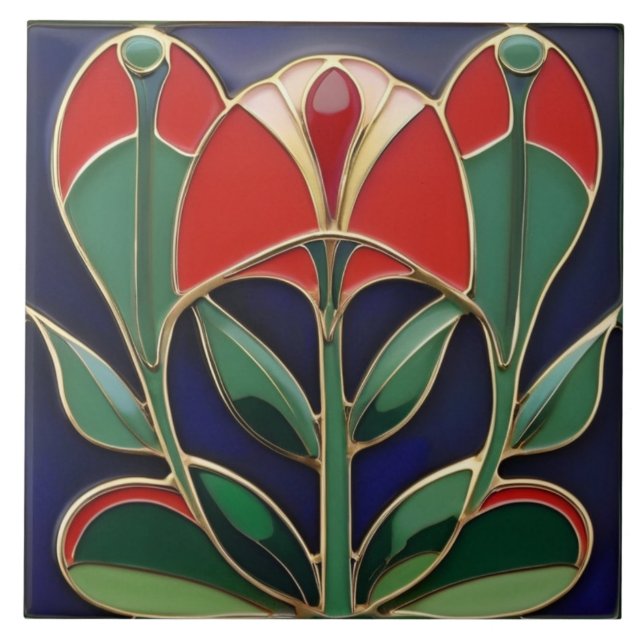Modernist Art Nouveau Green & Red Flower Curves Tile (Front)
