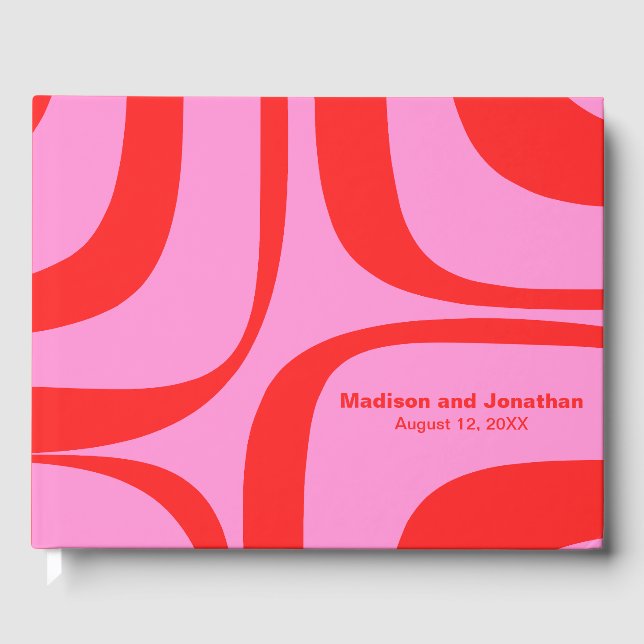 Modernist Retro Groove Preppy Pink and Red Guest Book (Front)