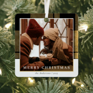 Modernl Stylish Gold Plaid Christmas Couple Photo Metal Tree Decoration