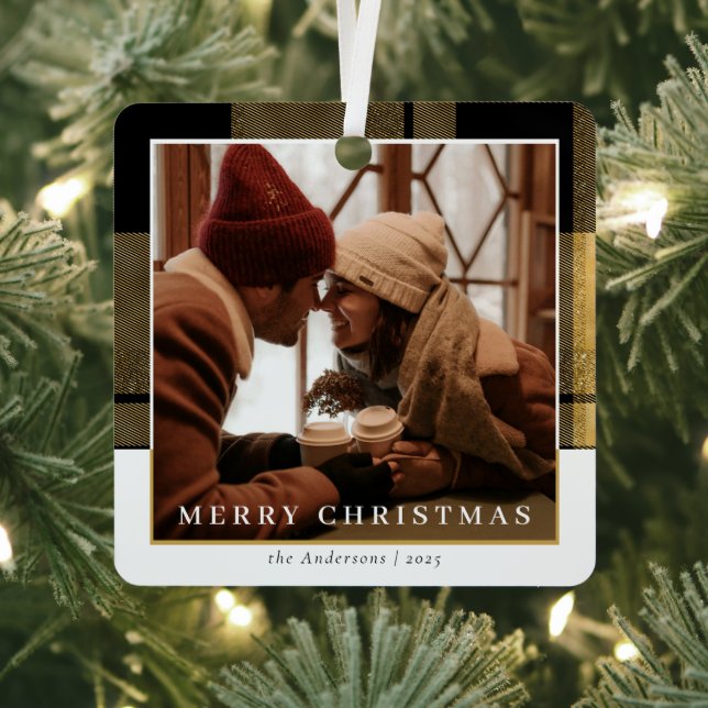 Modernl Stylish Gold Plaid Christmas Couple Photo Metal Tree Decoration (Insitu)