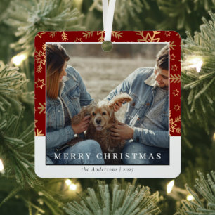 Modernl Stylish Red Gold Christmas Couple Photo Metal Tree Decoration