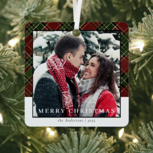 Modernl Stylish Red Plaid Christmas Couple Photo Metal Tree Decoration
