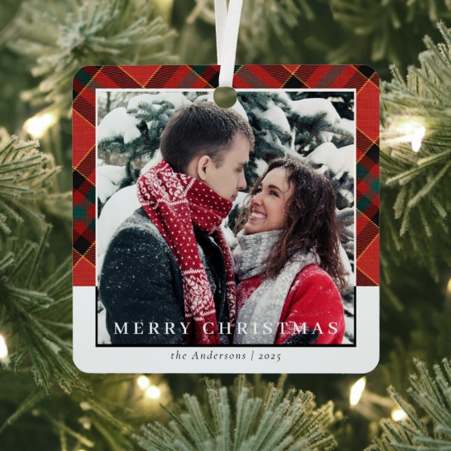 Modernl Stylish Red Plaid Christmas Couple Photo Metal Tree Decoration (Insitu)