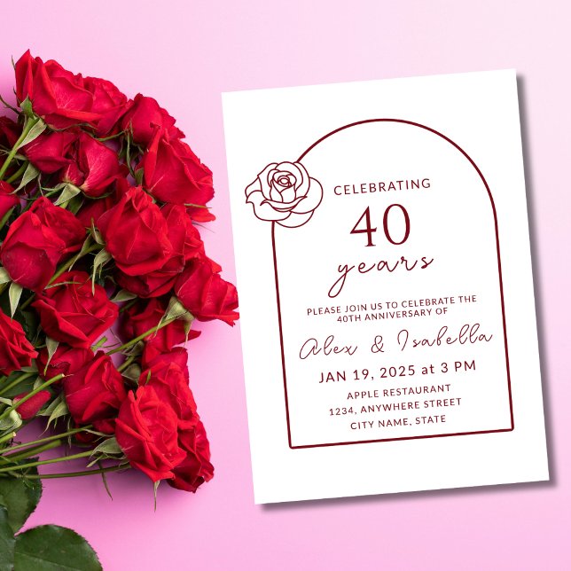 ModernMinimalist Ruby Red 40th Wedding Anniversary Invitation (modern elegant minimal geometric rose ruby red 40th wedding anniversary invitation)