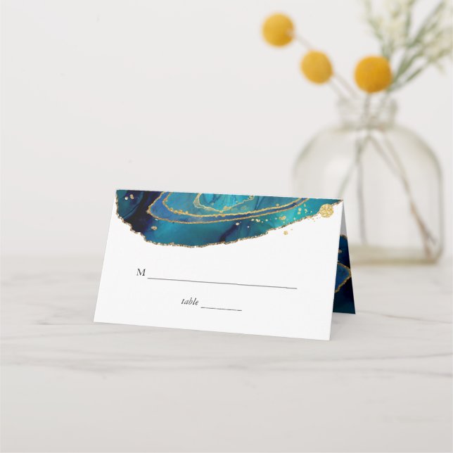 ModernTeal Watercolor Gold Agate Geode Wedding Place Card (Front)