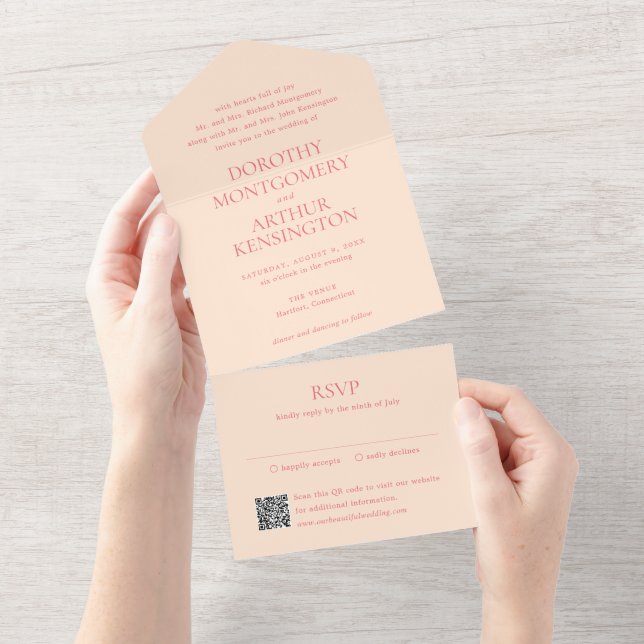 Moderrn Peach QR Code Elegant Wedding All In One Invitation (Tearaway)
