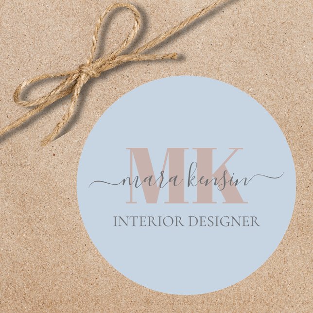 Modert Mocha Mousse Monogram Dusty Blue Classic Round Sticker (Creator Uploaded)
