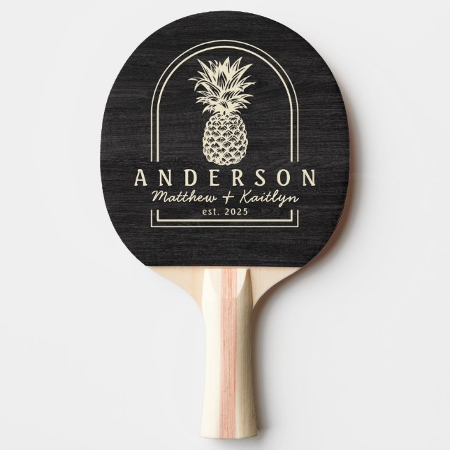 Modest Dark Wood Pineapple Wedding Arch & Name Ping Pong Paddle (Front)