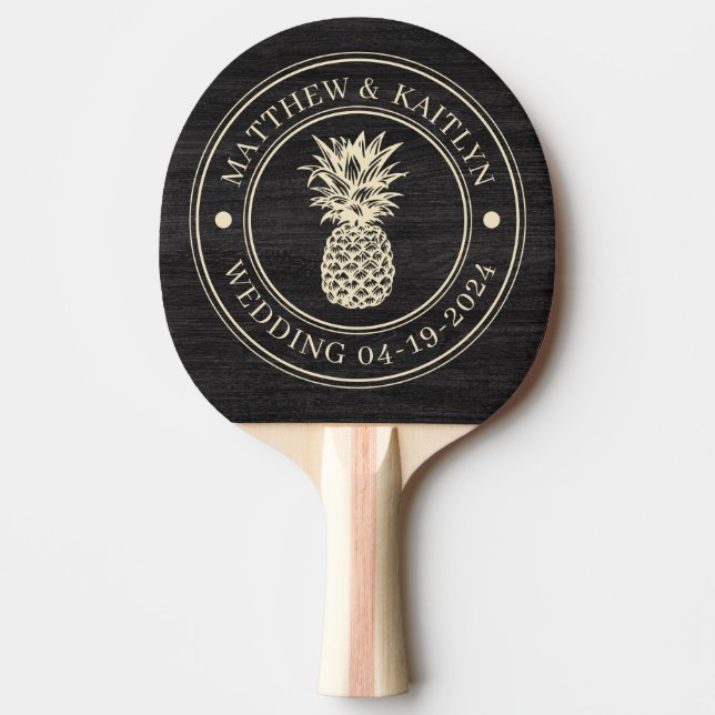 Modest Dark Wood Pineapple Wedding Crest & Names Ping Pong Paddle (Front)