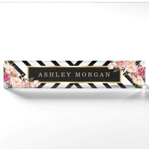 Modish Floral Gold Frame Black White Stripes Nameplate