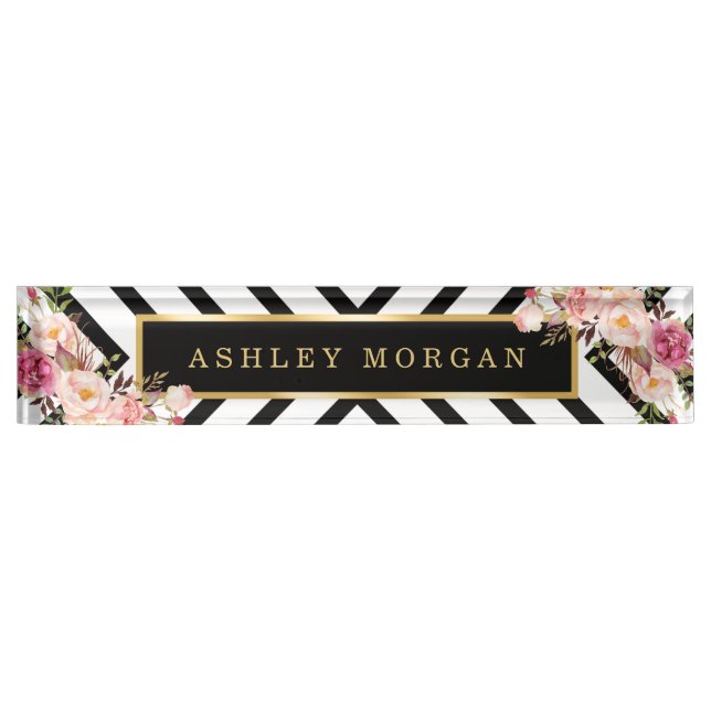 Modish Floral Gold Frame Black White Stripes Nameplate (Front)