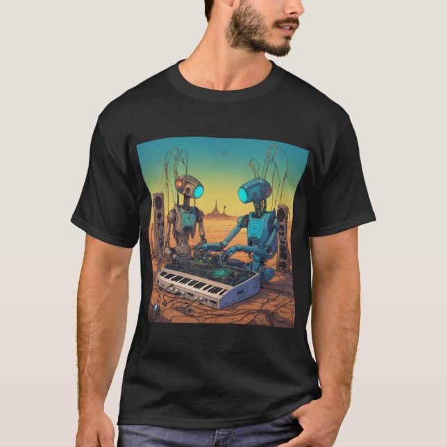 Moebius-Inspired Techno Droids Unleash the Beat T-Shirt (Front)