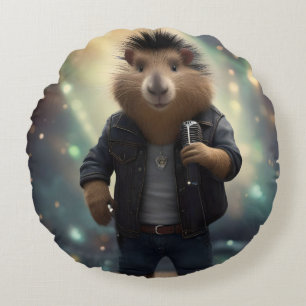 "Mohawk Capybara: Rockin' the River!" Round Cushion