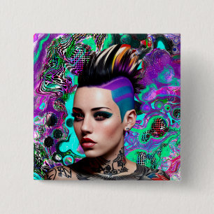 Mohawk Punk Girl Abstract Art 15 Cm Square Badge