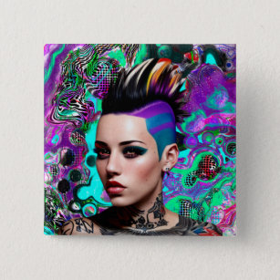 Mohawk Punk Girl Abstract Art 15 Cm Square Badge