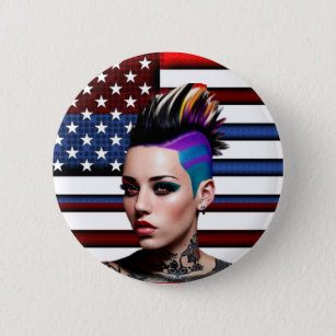 Mohawk Punk Girl with American Flag 6 Cm Round Badge