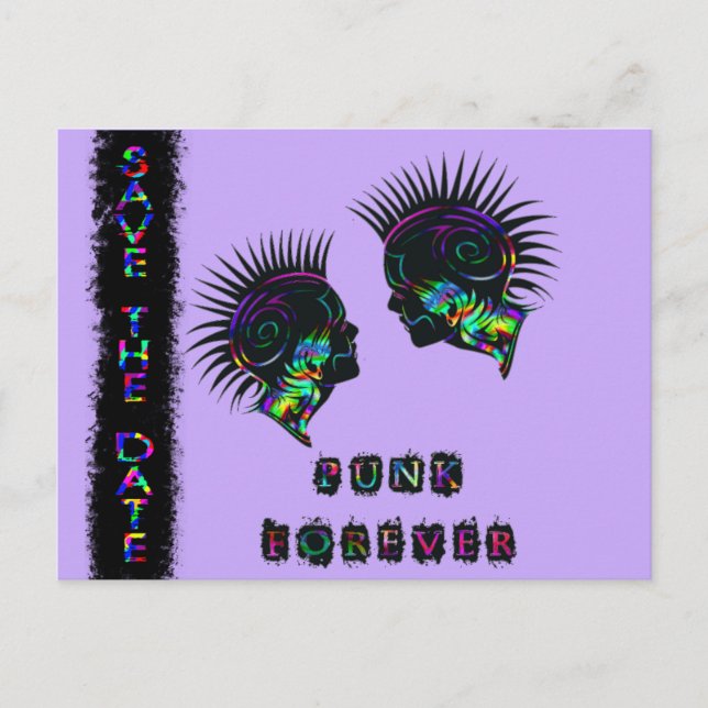 Mohawk save the date postcard punk rock wedding (Front)