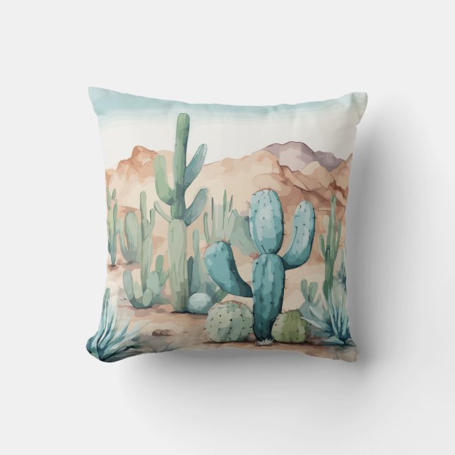 Mojave Desert Cactus Watercolor Cushion (Front)