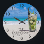 Mojito Cocktail Beach Happy Place   Large Clock<br><div class="desc">This design may be personalised in the area provided by changing the photo and/or text. Or it can be customised by clicking Personalise this Template and then choosing the click to customise further option and delete or change the colour of the background, add text, change the text colour or style,...</div>