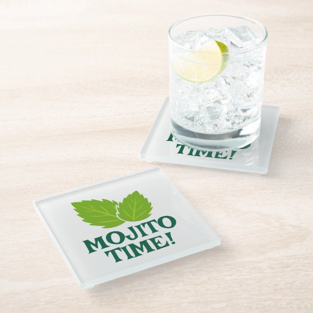 Mojito Cocktail glass coaster with mint leaf print (Angled)