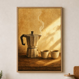 Moka Pot Morning Watercolour Cottagecore Poster