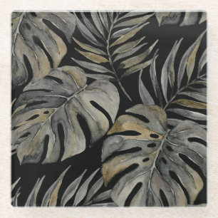 Moku Island Hawaiian Watercolor Monstera- Black Glass Coaster