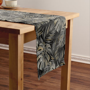 Moku Island Hawaiian Watercolor Monstera- Black Short Table Runner