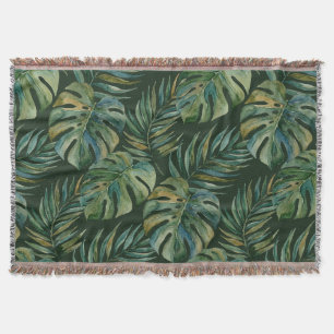 Moku Island Hawaiian Watercolor Monstera- Green Throw Blanket