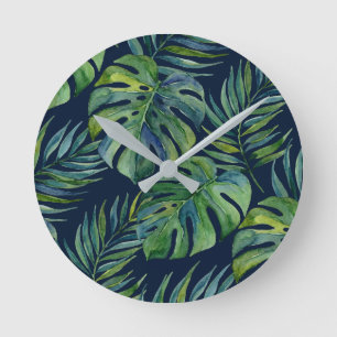 Moku Island Hawaiian Watercolor Monstera- Navy Round Clock